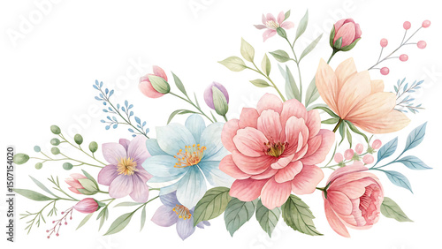 Watercolor floral arrangement of pink, peach, and blue flowers on white background Transparent PNG