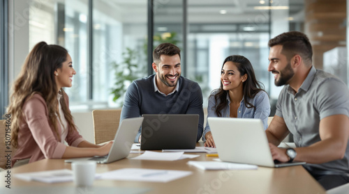 Reuni  n de equipo con mujeres j  venes y hombre atractivo en oficina moderna