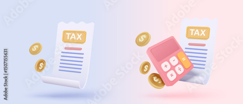 3d tax statistic and wealth management on clipboard checklist. Composition report with financial annual accounting, calculate risk and plan pay invoice. 3d tax strategy vector icon render illustration