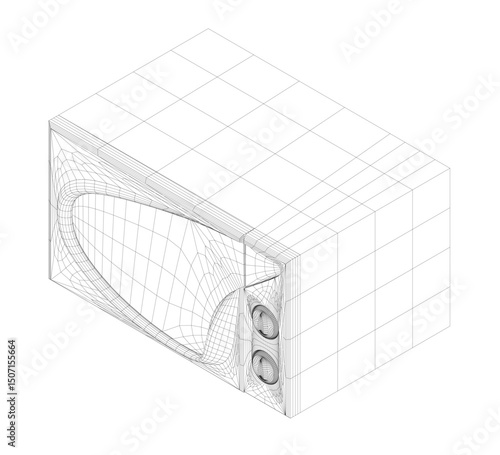 A box with a white background and a black outline. The box is a microwave oven. The microwave oven is designed to be compact and efficient. Isometric view. 3D