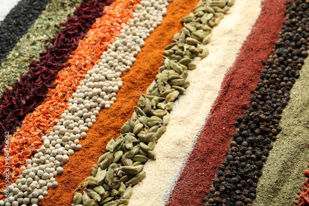 Fototapeta premium Many different spices as background, closeup view