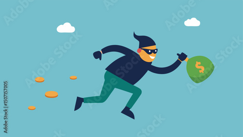 Comedic Surprise A humorous scene with a robber tripping over the bag of money as he tries to exit coins and bills flying in the air around him.