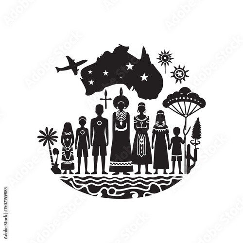 NAIDOC WEEK  Silhouette Vector Illustration, Solid White Background.