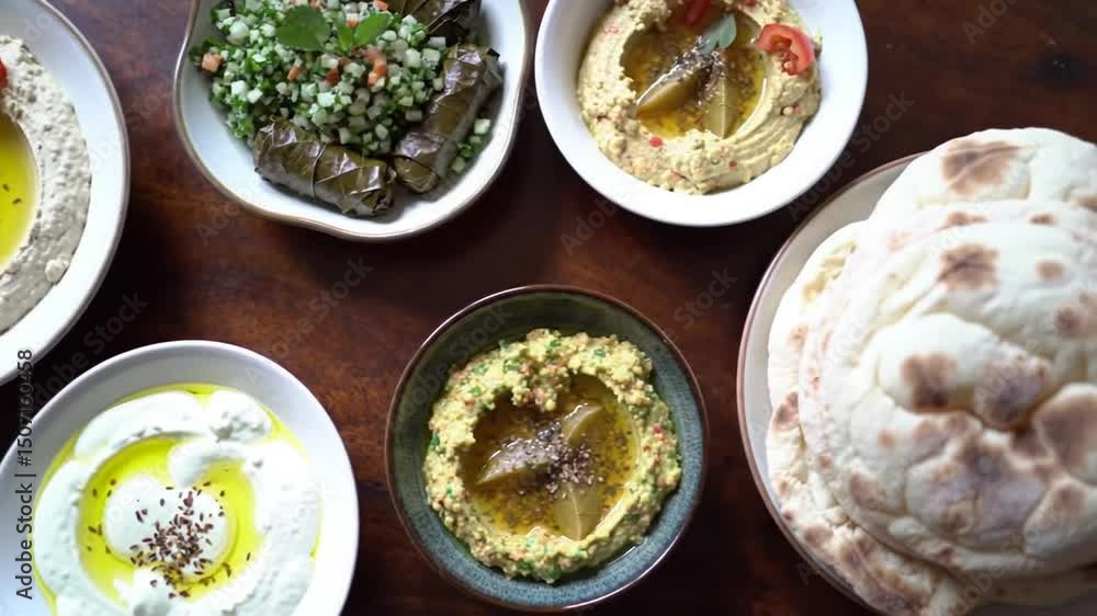 Delicious Middle Eastern Mezze Platter Featuring Hummus, Dolma and Bread Variety Delicious Middle Eastern Mezze Platter Featuring Hummus, Dolma and Bread Variety