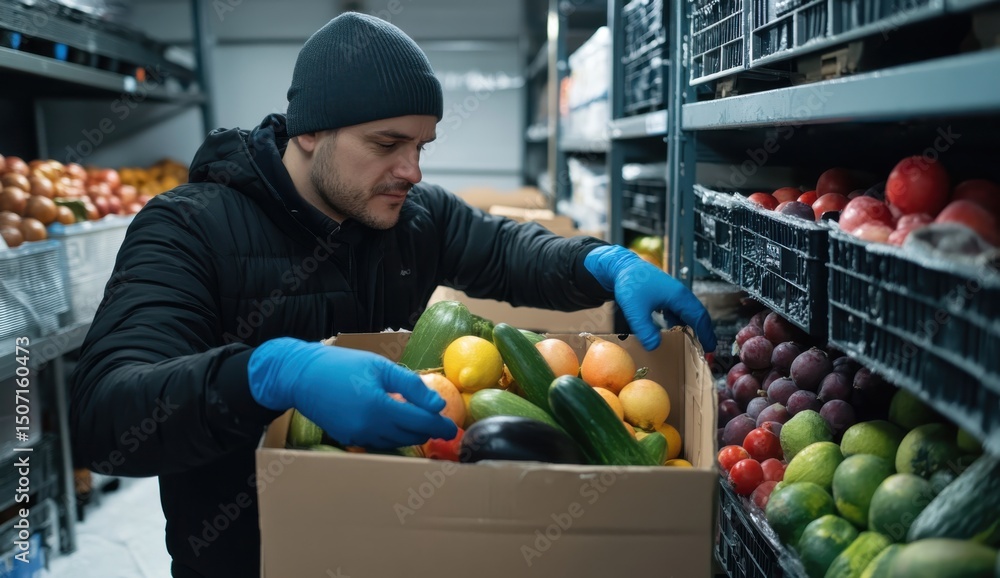 Fototapeta premium Man handles food inventory in cold temperature delivery truck