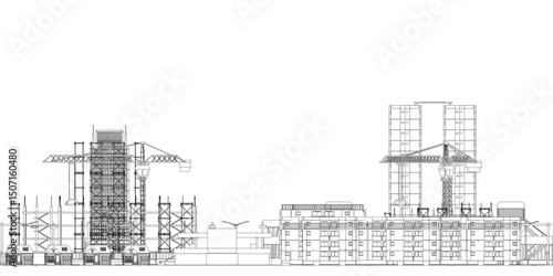 The image is a drawing of a city skyline with two tall buildings. The buildings are separated by a large empty space, giving the impression of a vast urban landscape.