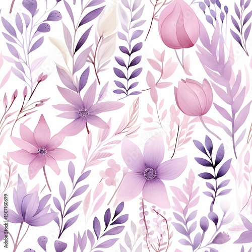 Wallpaper Mural Soft Pink & Purple Botanical Leaves – Seamless Pattern (Generative AI) Torontodigital.ca