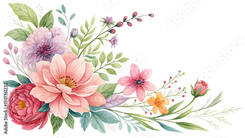 Watercolor Flower Corner Border with Peach, Pink, Purple, and Green Floral Elements Transparent PNG
