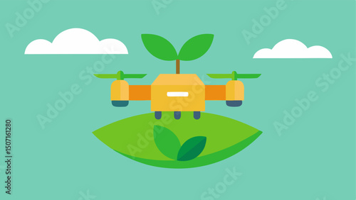 Delivery Drone with Leaf A delivery drone carrying a package that has a leaf emblem flying over a green landscape representing innovative and sustainable delivery ods.