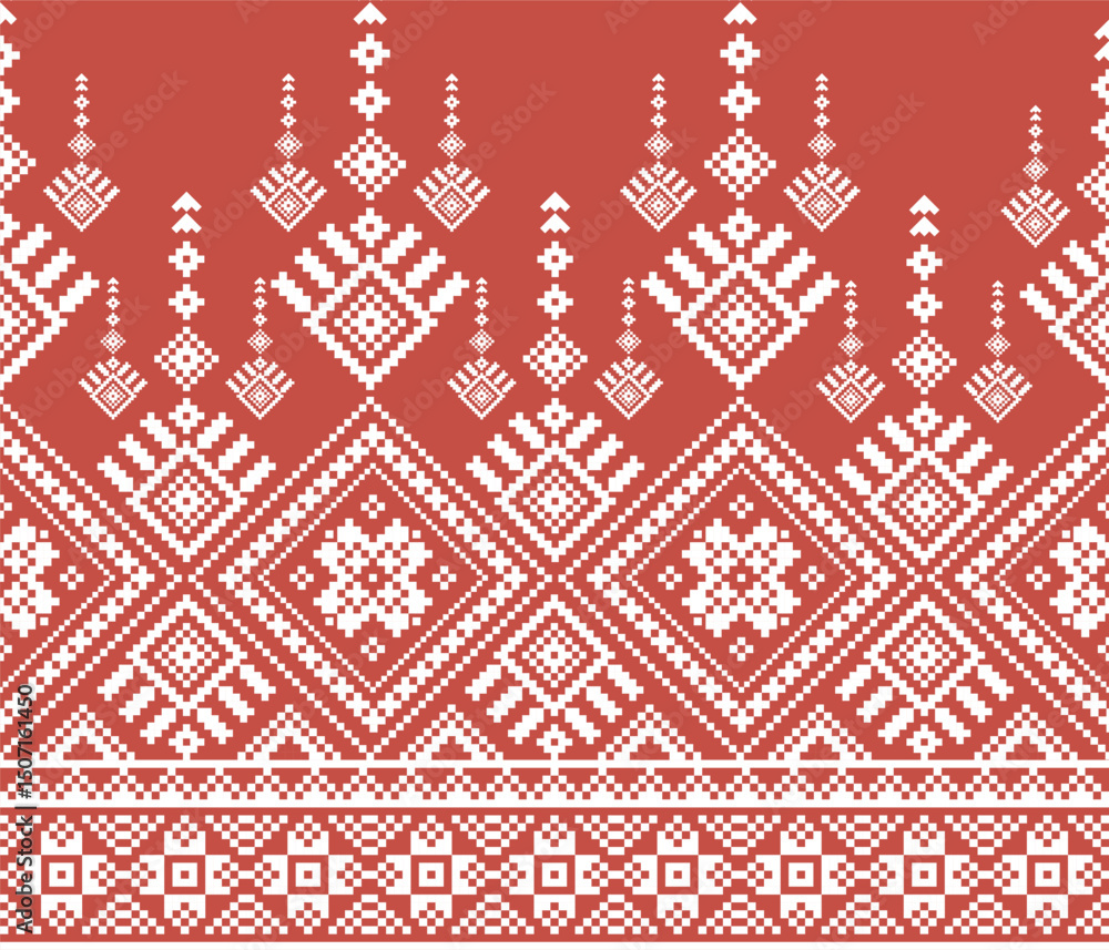 Fototapeta premium Red and White Pixel Geometric Patterns – Traditional Ethnic Weaving Style