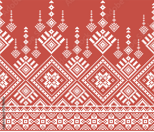 Red and White Pixel Geometric Patterns – Traditional Ethnic Weaving Style
