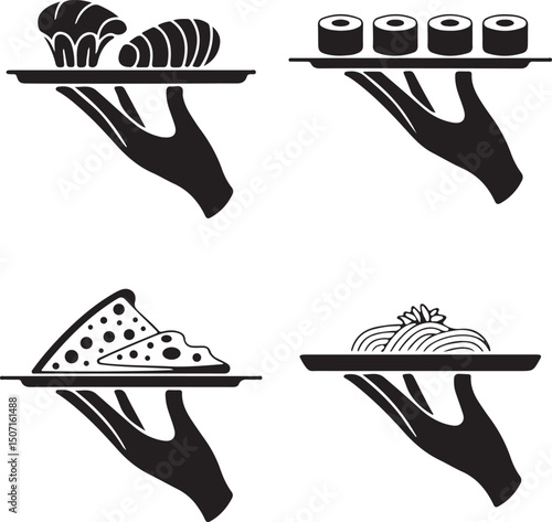 Set of hand silhouettes holding various food trays depicting service and culinary offerings