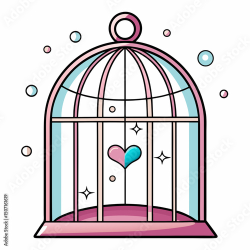 Colorful birdcage with heart and bubbles in a whimsical style  
