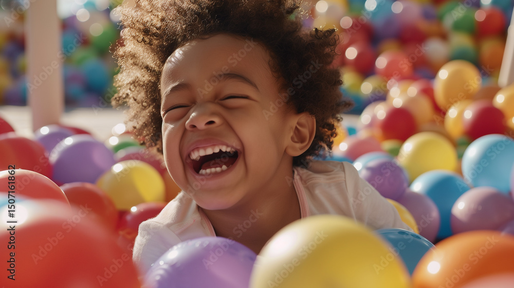 Obraz premium Cheerful african american boy playing in colorful balls filled with joy and vibrancy