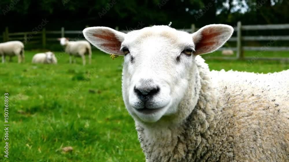 A captivating close-up shot of a sheep serenely grazing in a lush green pasture. The idyllic farmland setting creates a peaceful and charming ambiance. This video showcases the beauty of domestic anim A captivating close-up shot of a sheep serenely grazing in a lush green pasture. The idyllic farmland setting creates a peaceful and charming ambiance. This video showcases the beauty of domestic anim