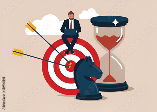 Entrepreneur working with computer sit on target with chess knight and sandglass. Business strategy, planning to achieve goal, management for company growth opportunity, market success goal.