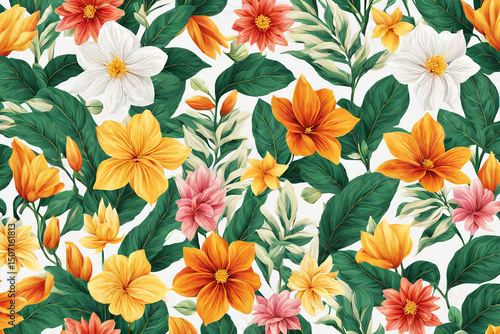 Wallpaper Mural Vibrant Floral Pattern Featuring Dahlias, Magnolias, and Tropical Blooms in Lush Green Foliage Torontodigital.ca