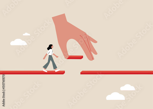 Connect the bridge to help and support girl to success, solution or assistance. Giant hand help connect missing piece the bridge for woman to cross the gap.