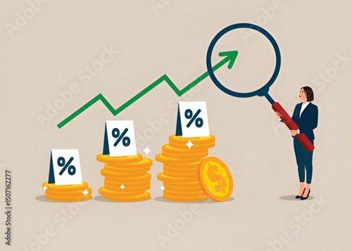 Businesswoman hold magnifying with pile of coins symbol. Interest rate hike due to inflation percentage rising up. Flat vector illustration. 