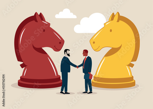 Entrepreneur leader shaking hand on knight chess metaphor of agreement. Negotiation skill to deal with competitor, agreement or partnership decision, collaboration strategy to success together.