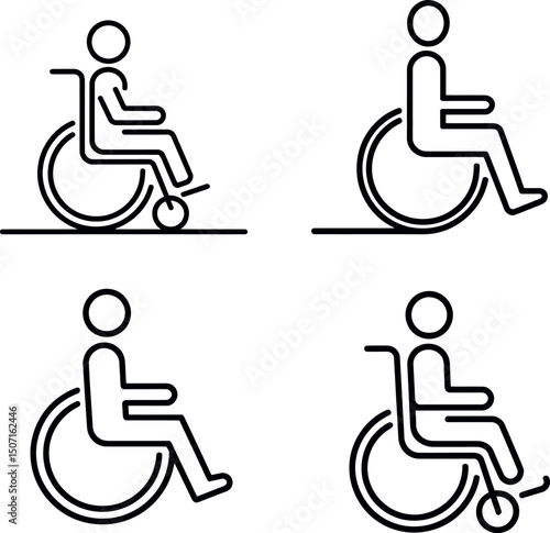 Wheelchair Accessibility Icons: Set of four simple line art icons depicting a person in a wheelchair from different angles, representing accessibility and inclusivity. 