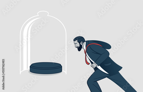 Businessman inside the glass try to push so hard to break boundary. Business constraints or stagnant, prohibition or difficulty prevent from improvement or success.
