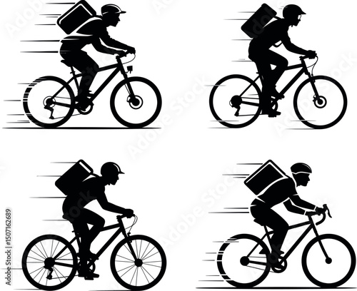Bicycle Courier Silhouette: A dynamic set of silhouettes showcasing a bicycle courier delivering packages swiftly, symbolizing speed and efficiency in transport.