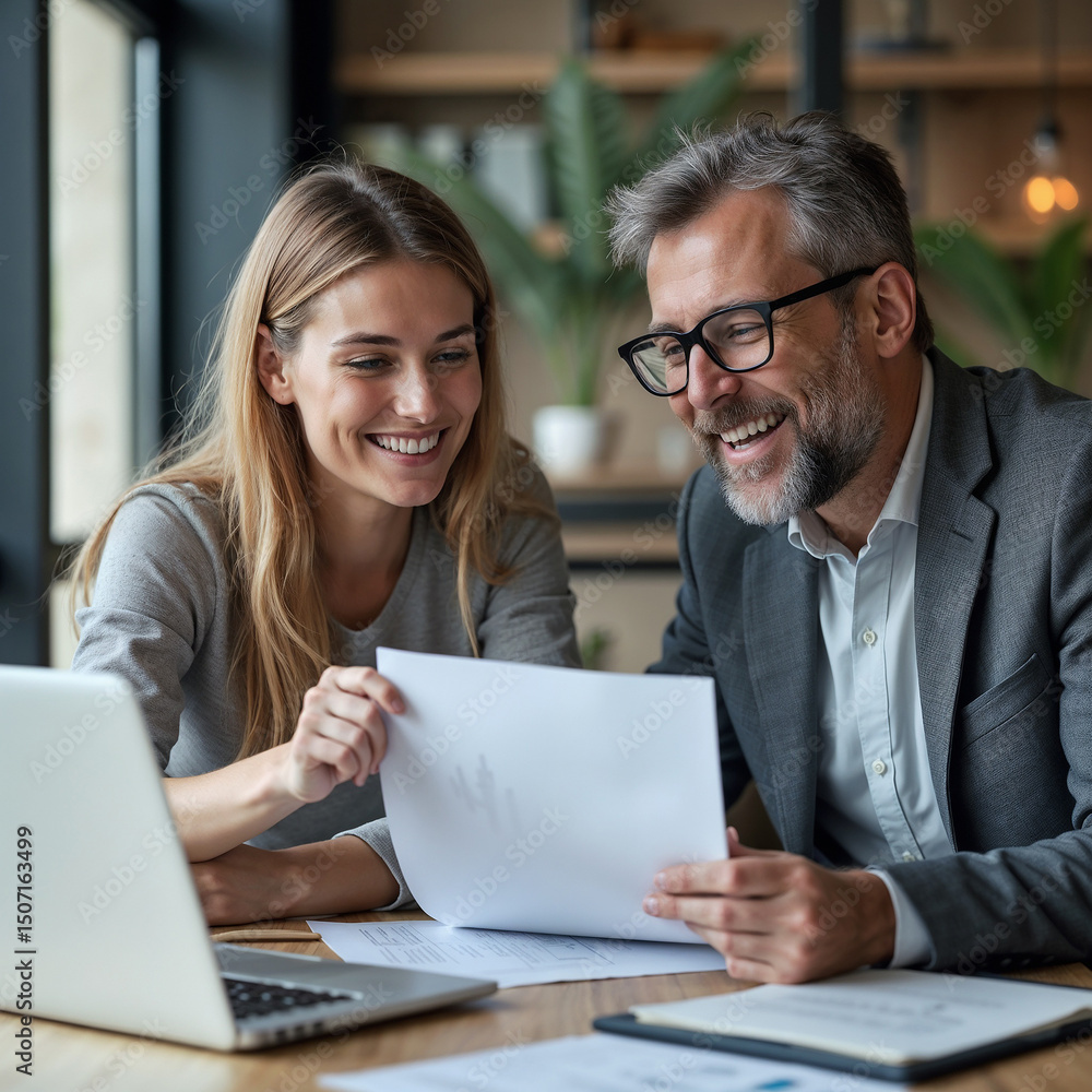 Fototapeta premium Two happy busy middle aged professionals man and woman business leaders partners checking document reading financial report talking working together