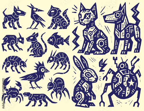 Tribal Cyber Animal Vector Set – Hand Drawn Stylized Creatures in Linocut Techno Style Featuring Cats, Dogs, Insects and Birds for Tattoo Design, Game Art, Posters, Concept Graphics & Visual Identity