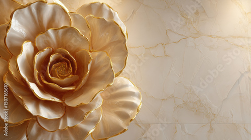 Elegant golden edged flower with pearlescent petals on marble background, luxurious and artistic, perfect for sophisticated interior decor or wall art design