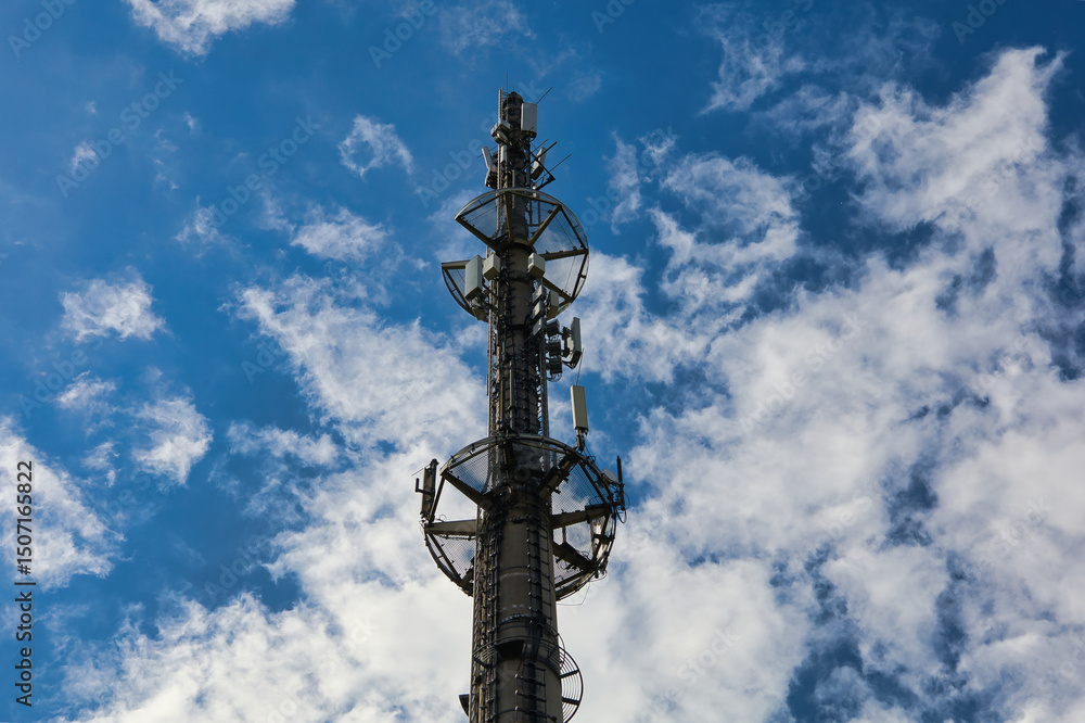 Obraz premium telecommunication radio tower antenna future broadband concept satellite connect clouds