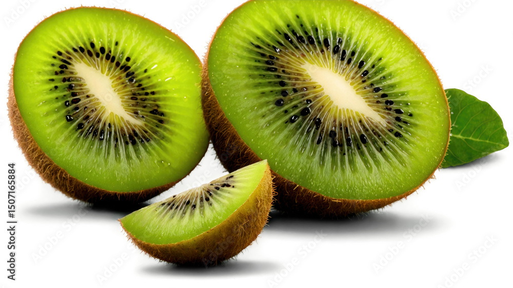 Fototapeta premium Close-up of kiwi slices with vibrant green flesh and brown seeds.