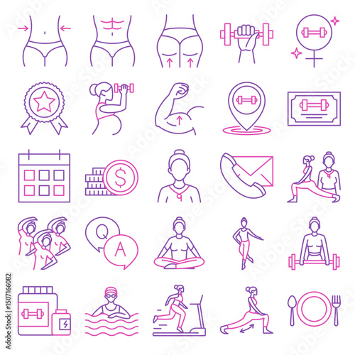Female fitness club icon set vector isolated. Collection of simple symbols for healthy and active lifestyle. Weight loss, dieting and healthy food. Icon of a woman lifting weight. Group training.