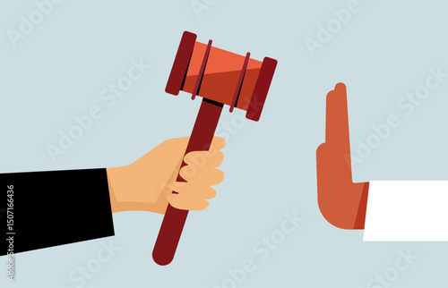 Hand holding gavel representing law and justice, stopped by another hand illustration