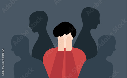 A man socially anxious standing alone in crowd illustration