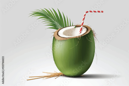 Fresh green coconut with straw ready to drinking isolated on transparent background