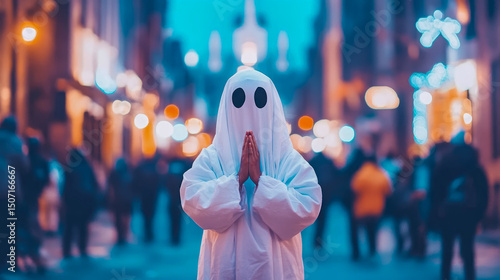 Halloween concept: A serene ghost in city street