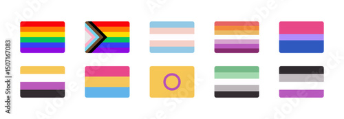 Set of Rounded Rectangle Pride Flags Representing Rainbow Progressive and LGBTQIA+ Identities Including Lesbian Transgender Nonbinary Pansexual Aromantic Asexual Bisexual and Intersex in Vector