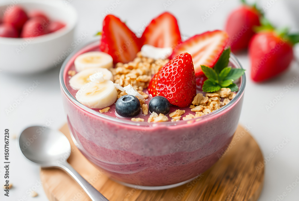 Trendy acai bowl with fresh toppings, great for health-conscious, vegan, and breakfast content Trendy acai bowl with fresh toppings, great for health-conscious, vegan, and breakfast content