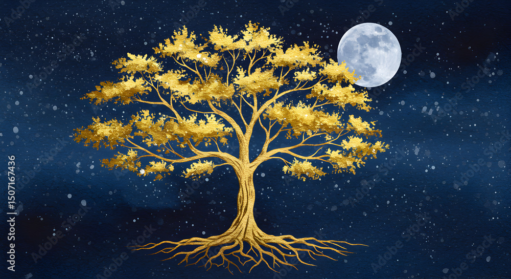 Fototapeta premium Golden tree standing before a full moon in a starlit dreamscape panorama