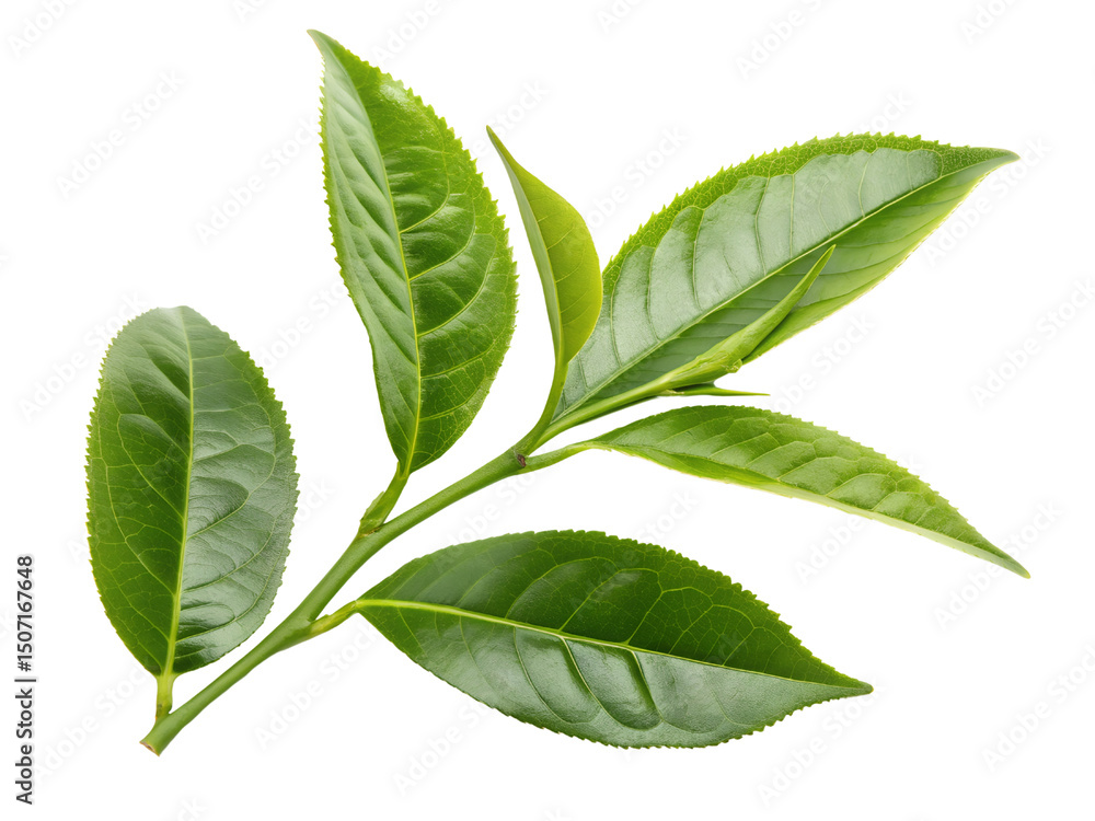 Fototapeta premium Close-up of Fresh Green Tea Leaves Isolated on transparent background, Isolated Png file, Cut-out, Isolate Png, No Background, Isolated object