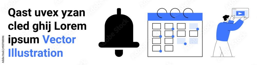 Notification bell, calendar with highlighted events, person presenting screen. Ideal for scheduling, reminders, notifications, task planning, organization, productivity simple landing page Notification bell, calendar with highlighted events, person presenting screen. Ideal for scheduling, reminders, notifications, task planning, organization, productivity simple landing page