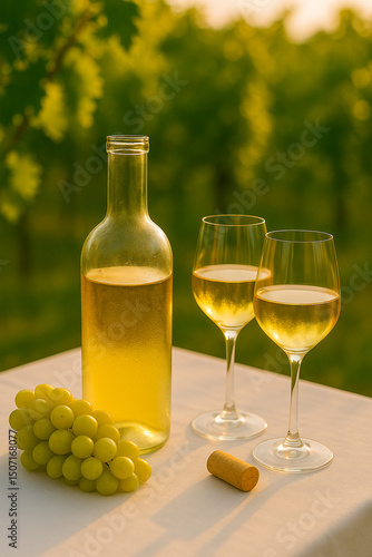 Chilled white wine with grapes and glasses on table in vineyard at sunset