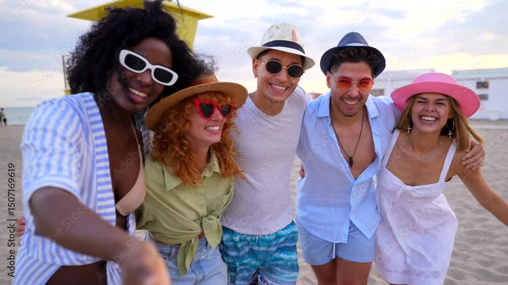 Four cheerful friends, embracing, take a selfie on a sunny beach, wearing summer clothes and sunglasses Four cheerful friends, embracing, take a selfie on a sunny beach, wearing summer clothes and sunglasses
