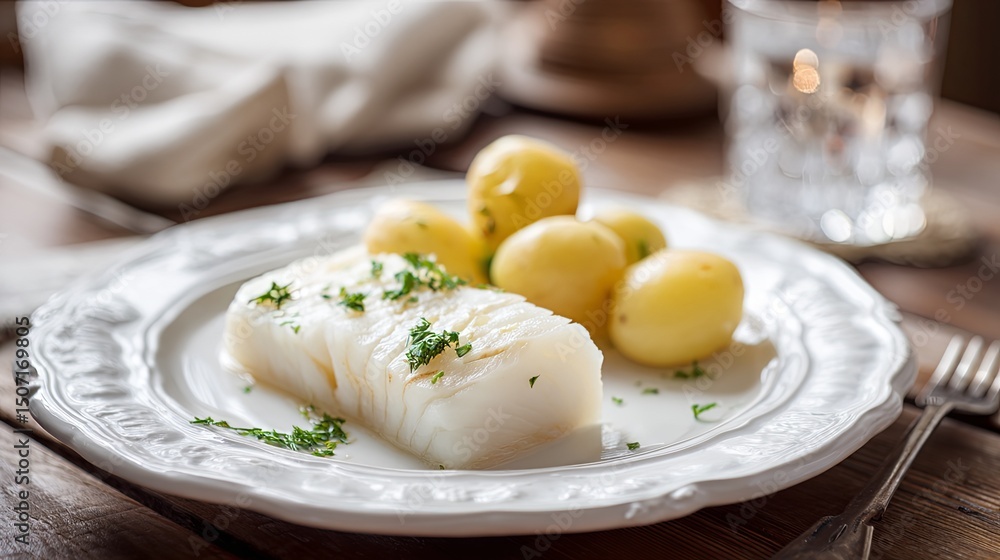 Traditional Lutefisk Dish on White Plate Traditional Lutefisk Dish on White Plate