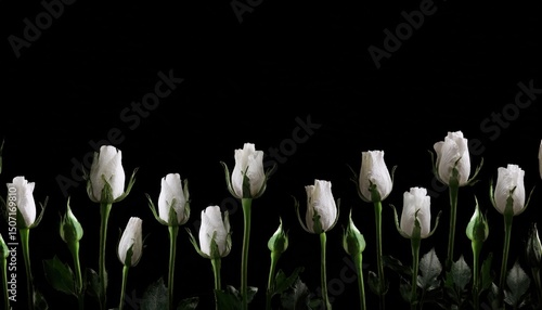 Fototapeta Naklejka Na Ścianę i Meble -  elegant white roses in bloom against black background with lush green stems perfect for minimal web design, luxury branding, modern poster, botanical print, or fine art decor

