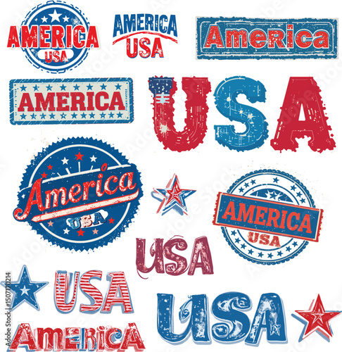 Collection of vintage-style emblems and labels featuring 'USA' and 'America' in red, blue, and white patriotic designs. Perfect for showcasing patriotic themes and celebrating 