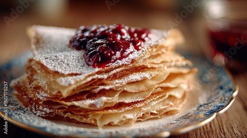 Delicious Thin Nordic Pancakes with Jam and Powdered Sugar