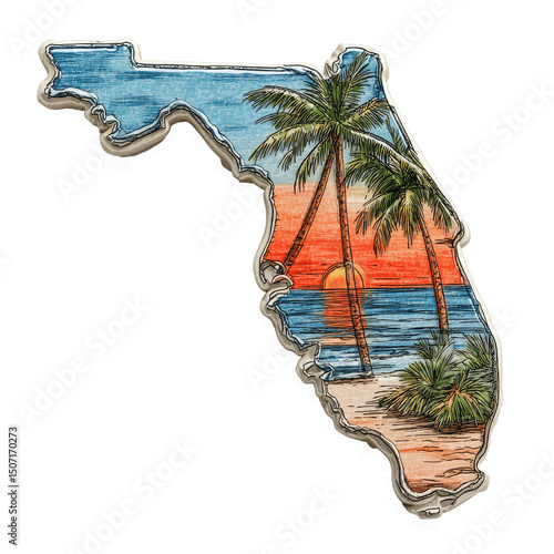 Florida State Silhouette with Sunset Beach Scene