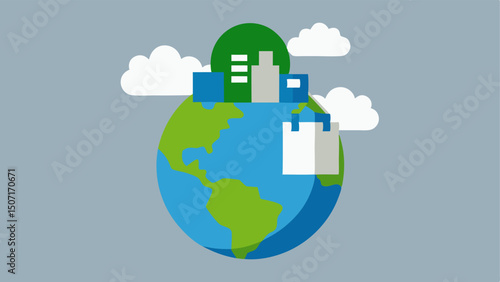 Earth and Plastic Half of the illustration shows a bright blue planet with clouds and greenery while the other half depicts a factory producing shopping bags in shades of grey.
